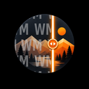 Watermark Remover icon: a mountain scene split by a glowing slider, tiled WM watermarks on the left half, clean on the right.