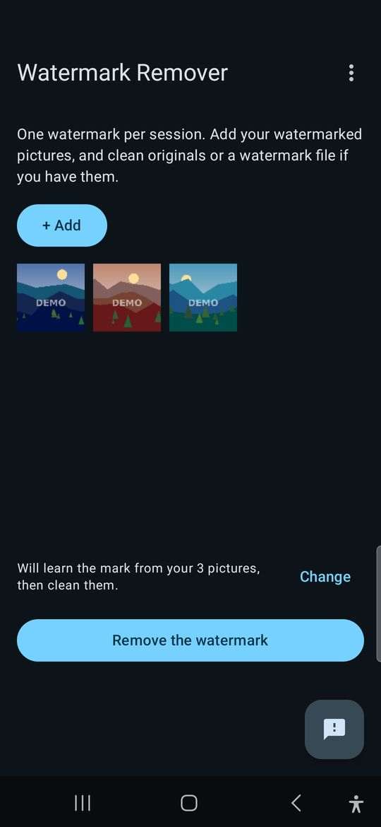 Three added pictures with the plan "Will learn the mark from your 3 pictures, then clean them", a Change link, and the Remove the watermark button.