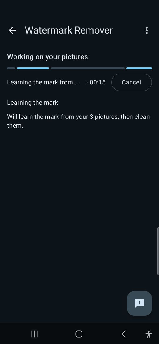 The progress screen while the mark is learned from the pictures, with the elapsed time and a Cancel button.