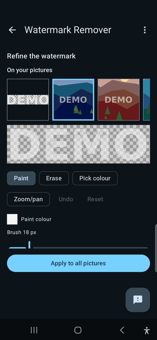 The Refine the watermark screen: the learned DEMO mark on a checkerboard, Paint, Erase and Pick colour tools, and an Apply to all pictures button.