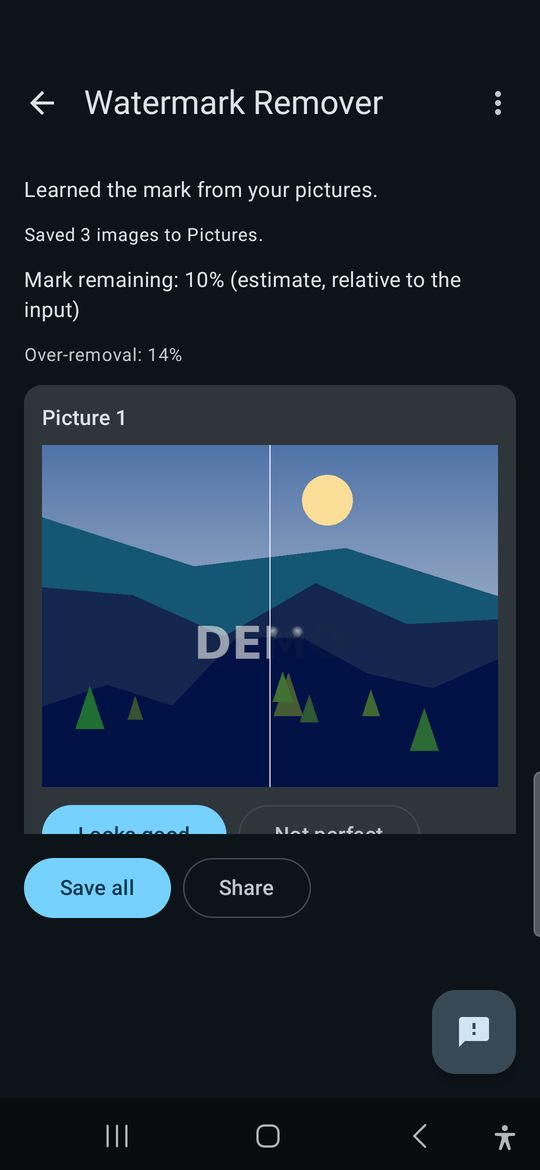 The results screen after saving to Pictures: the mark-remaining estimate, a wipe comparison of Picture 1, and Save all and Share buttons.