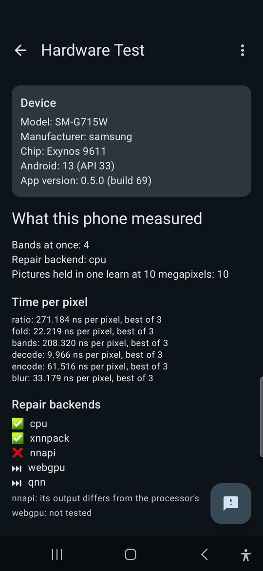 The Hardware Test screen listing what this phone measured: time per pixel for each stage, and which repair engines work, failed or were not tested.