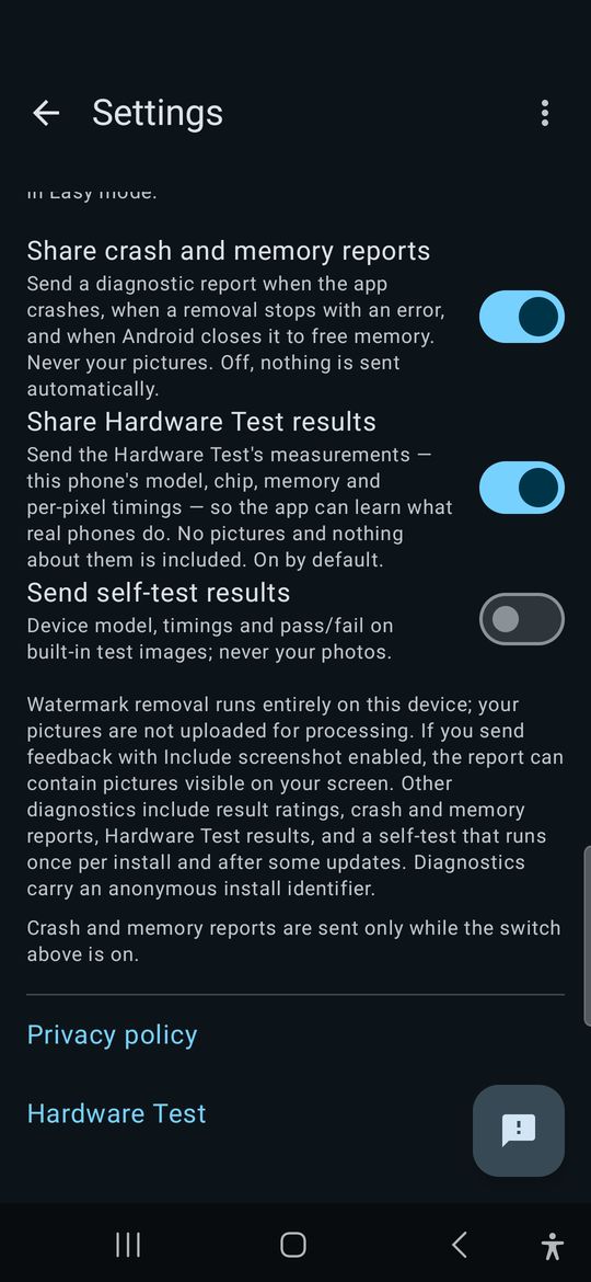 The Settings screen with switches for crash and memory reports, Hardware Test results and self-test results, above a note on what each report contains.